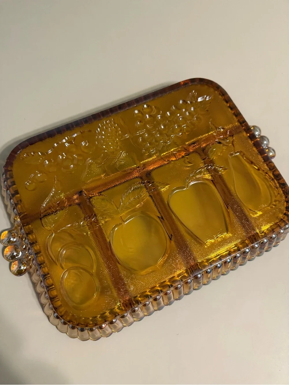 Indiana Marigold Carnival Iridescent Glass Divided Tray Platter Fruit Pattern